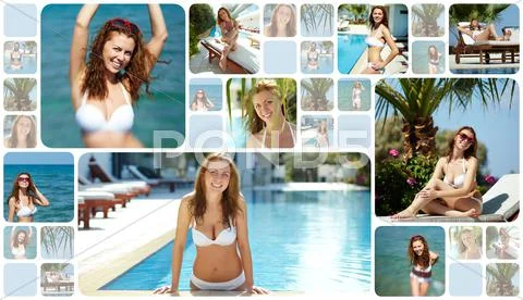 Collage of happy young woman at summer resort Stock Photos