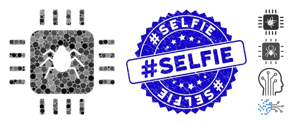 Collage Hardware Bug Icon with Scratched #Selfie Stamp Stock Illustration