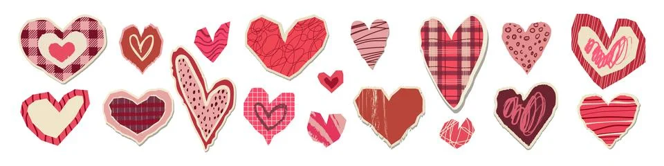 Collage heart elements with hand drawn patterns and doodles. Cute Valentine.. Stock Illustration
