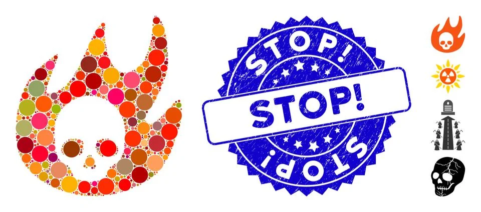 Collage Hell Fire Icon with Grunge Stop! Stamp Illustrazione stock