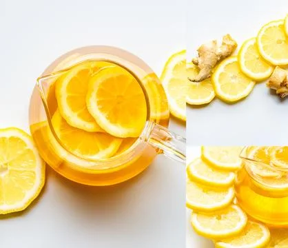 Collage hot tea ginger root Stock Photos