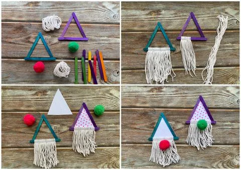 Collage, how to make a gnome out of ice cream sticks, paper and yarn, kid craft Stock Photos