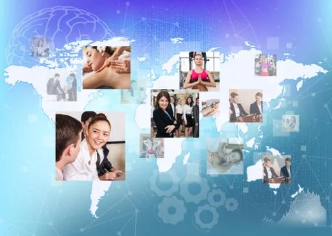 Collage of human professions on the big map. 库存照片