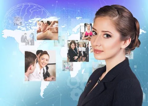 Collage of human professions on the big map. 库存照片