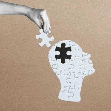 Collage illustrations of human face silhouette made of white jigsaw puzzle Stock Illustration
