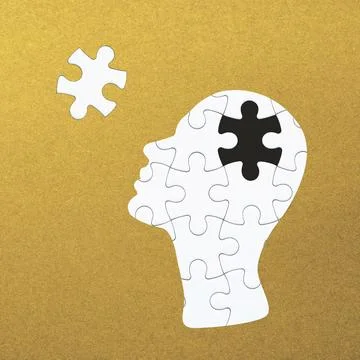 Collage illustrations of human face silhouette made of white jigsaw puzzle Stockillustratie