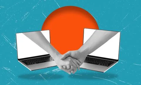 Collage image of two human hands holding each other from a notebook. Stock Photos