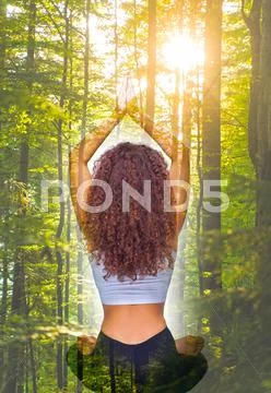 The collage from image of a young fit woman doing yoga exercises at forest Stock Photos