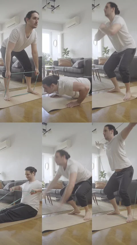 Collage image of young male doing workout at home Stock Footage 274500722