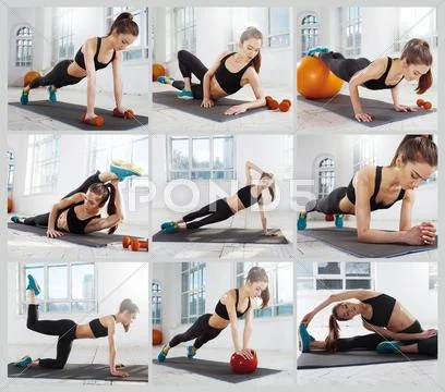 The collage from images of beautiful slim brunette doing some gymnastics at the Stock Photos