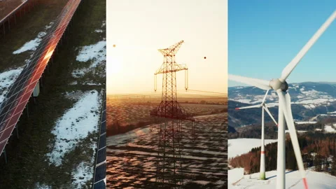 Collage including solar panels station, wind turbine and transmission lines in Stock Footage 342931075