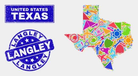 Collage Industrial Texas State Map and Grunge Langley Stamp Seal Stock Illustration