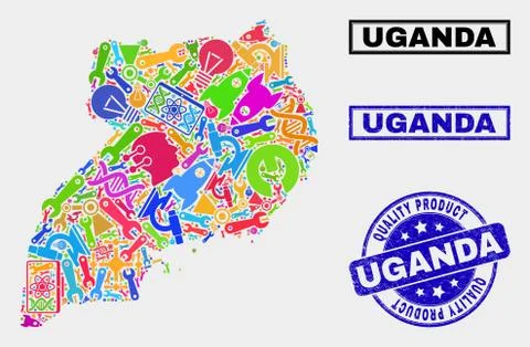 Collage of Industrial Uganda Map and Quality Product Stamp Seal Stock Illustration