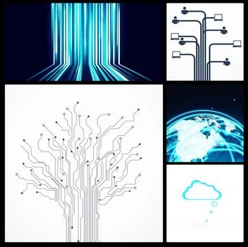 Collage, information technology and networking with global computer system for Stock Photos