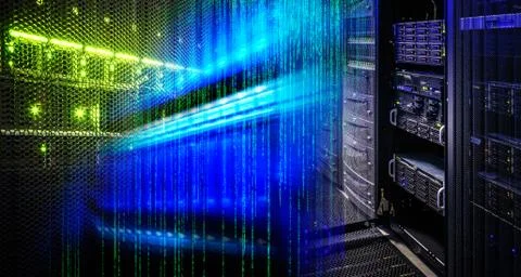 Collage information technology in the data center, the binary matrix code Stock Photos