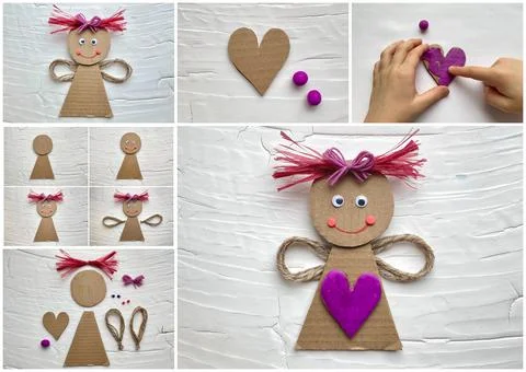 Collage instructions on how to make a doll with a heart from cardboard recycl Stock Photos