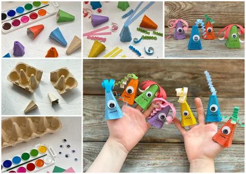 Collage instructions how to make a monster with one eye from an egg box, Stock Photos