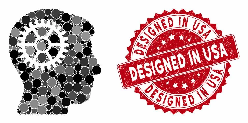 Collage Intellect Cog with Grunge Designed in USA Seal Stock Illustration
