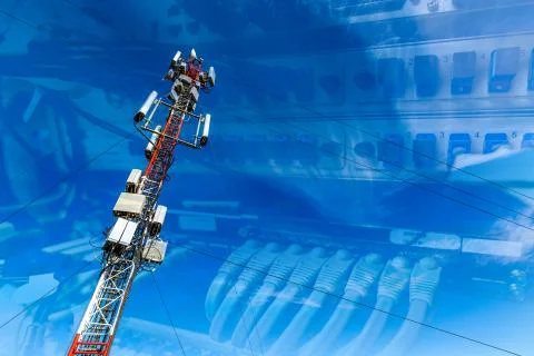Collage of Internet, communications and network equipment with pictures of data Stock Photos