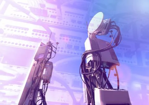 Collage of Internet, communications and network equipment with pictures of data Stock Photos