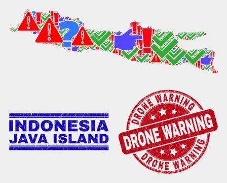 Collage of Java Island Map Symbol Mosaic and Distress Drone Warning Watermark Illustration