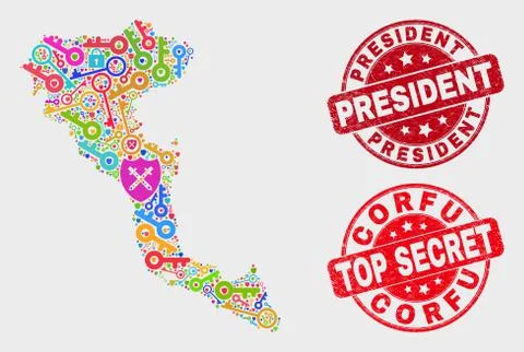 Collage of Keep Corfu Island Map and Distress President Stamp Seal Stock Illustration