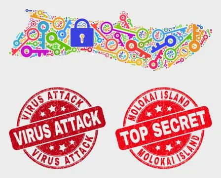 Collage of Keep Molokai Island Map and Scratched Virus Attack Seal Stockillustratie