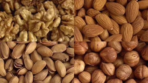 Collage of kernels of nuts. Macro. Clockwise rotation. 4K. 스톡 동영상 120912266