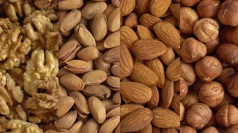 Collage of kernels of nuts. Macro. Clockwise rotation. 4K. Видео 120912717