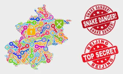 Collage of Key Beijing City Map and Distress Snake Danger! Watermark Stock Illustration