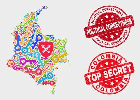 Collage of Key Colombia Map and Distress Political Correctness Seal Stock Illustration