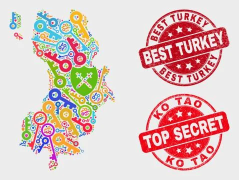 Collage of Key Ko Tao Map and Scratched Best Turkey Stamp Stock Illustration