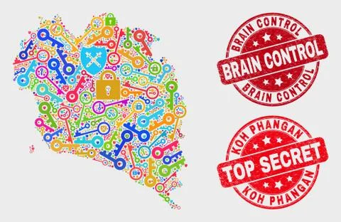 Collage of Key Koh Phangan Map and Distress Brain Control Stamp Seal Stock Illustration