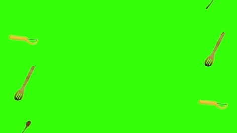 Collage of kitchen utensils falling against a vibrant green background Vidéo 337346368