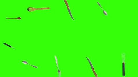 Collage of kitchen utensils falling against a vibrant green background Vidéo 337346369