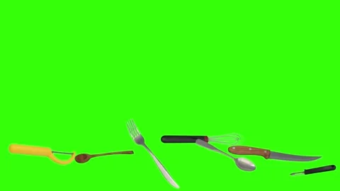 Collage of kitchen utensils falling against a vibrant green background Vidéo 337346370
