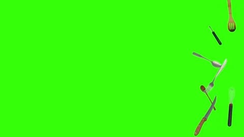 Collage of kitchen utensils falling against a vibrant green background Vidéo 337346372