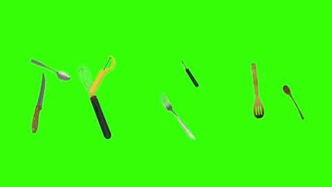 Collage of kitchen utensils falling against a vibrant green background Stockbeeldmateriaal 337346375