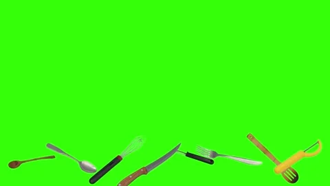 Collage of kitchen utensils falling against a vibrant green background Stockbeeldmateriaal 337346378