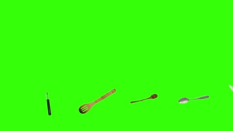 Collage of kitchen utensils falling against a vibrant green background Vidéo 337346379