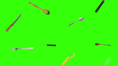 Collage of kitchen utensils falling against a vibrant green background Vidéo 337346384