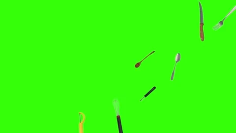 Collage of kitchen utensils falling against a vibrant green background Vidéo 337346387