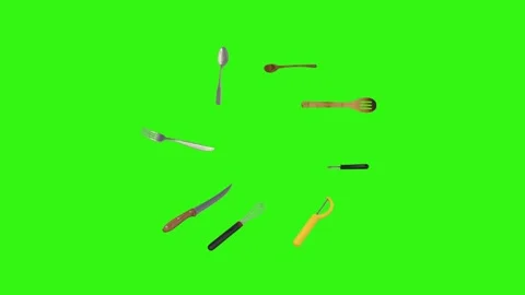 Collage of kitchen utensils falling against a vibrant green background Vidéo 337346390