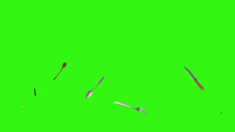 Collage of kitchen utensils falling against a vibrant green background Видео 337346393