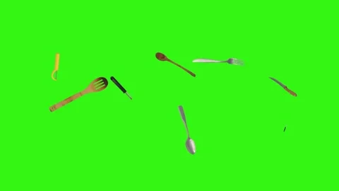 Collage of kitchen utensils falling against a vibrant green background Vidéo 337346394