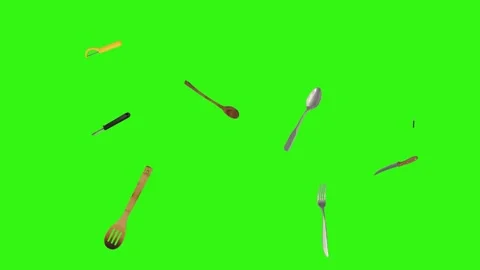 Collage of kitchen utensils falling against a vibrant green background Vidéo 337346398