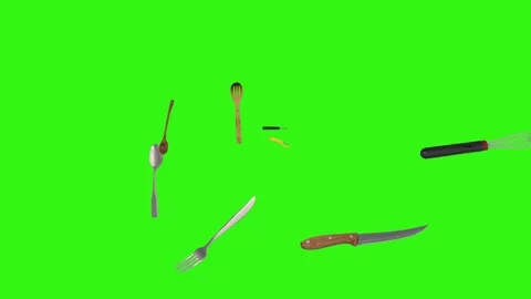 Collage of kitchen utensils falling against a vibrant green background Vidéo 337346403