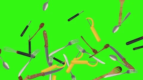Collage of kitchen utensils falling against a vibrant green background Vidéo 337346409