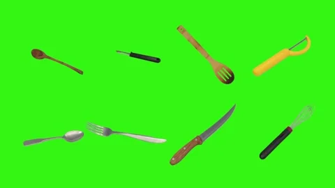 Collage of kitchen utensils falling against a vibrant green background Stock Footage 337346410