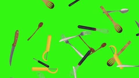 Collage of kitchen utensils falling against a vibrant green background Vidéo 337346413
